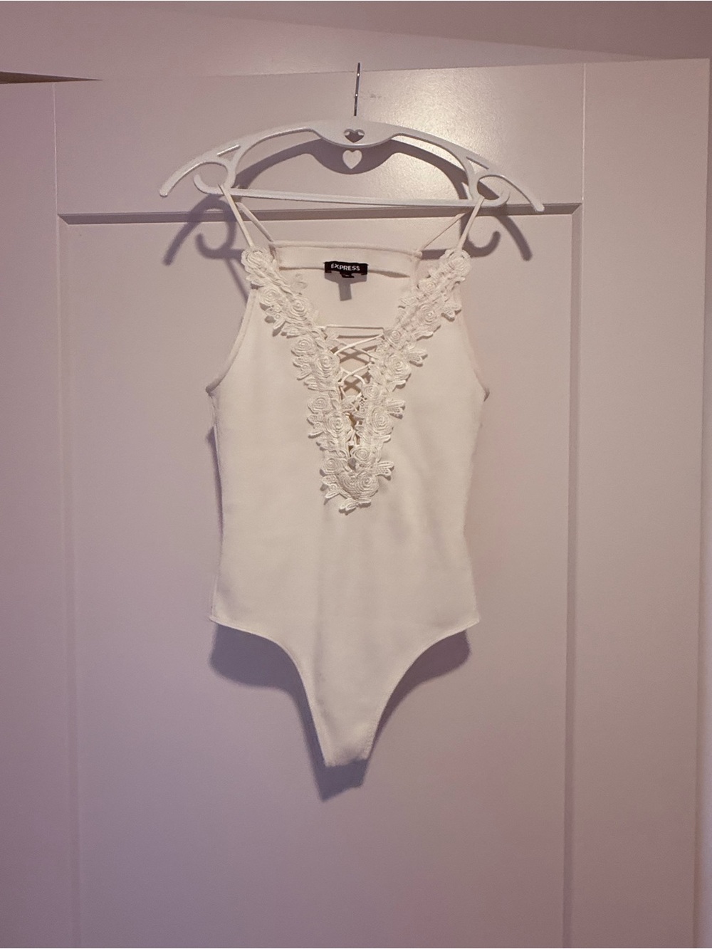 Express White Lace-Trim V-Neck One-Piece Bodysuit